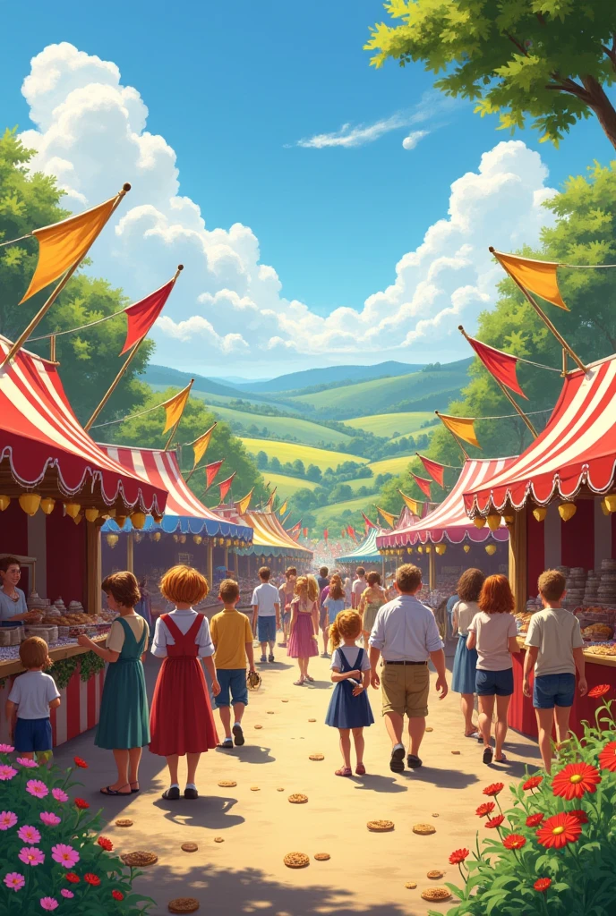 Village Fair: A colorful and bustling scene of a village fair.