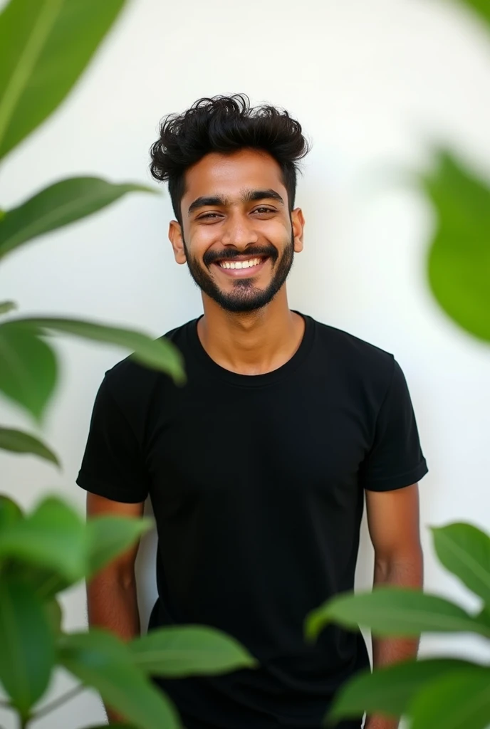 A cute 19 years old indian boy , taking selfie, white background with green plants , simple pose , rough dry face skin , full body view , black shirt , little beard and moustache
