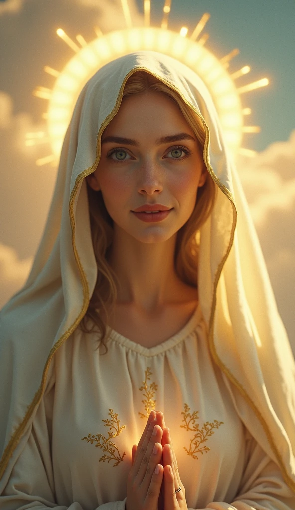 Very beautiful Virgin Mary, looking at the camera, Expression in love, Halo, A very slight smile