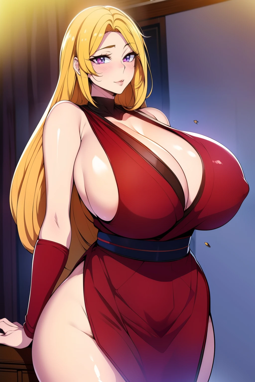 An anime-style artwork depicting Kousaka Shizuru from the game Honkai star rail.

Tags: Kousaka Shizuru, anime, detailed eyes, detailed lips, ass, bare shoulders, (blonde hair:1.4), (white short kimono:1.1), cleavage, long hair,  solo, huge breasts,  (violet eyes:1.1),, smiling expression, intense gaze, dynamic pose, indoor, palace, vibrant colors, digital art, high-resolution, professional quality, gigantic breasts, curvy, cowboy shot, (gigantic breasts: 1.4),, fox ears