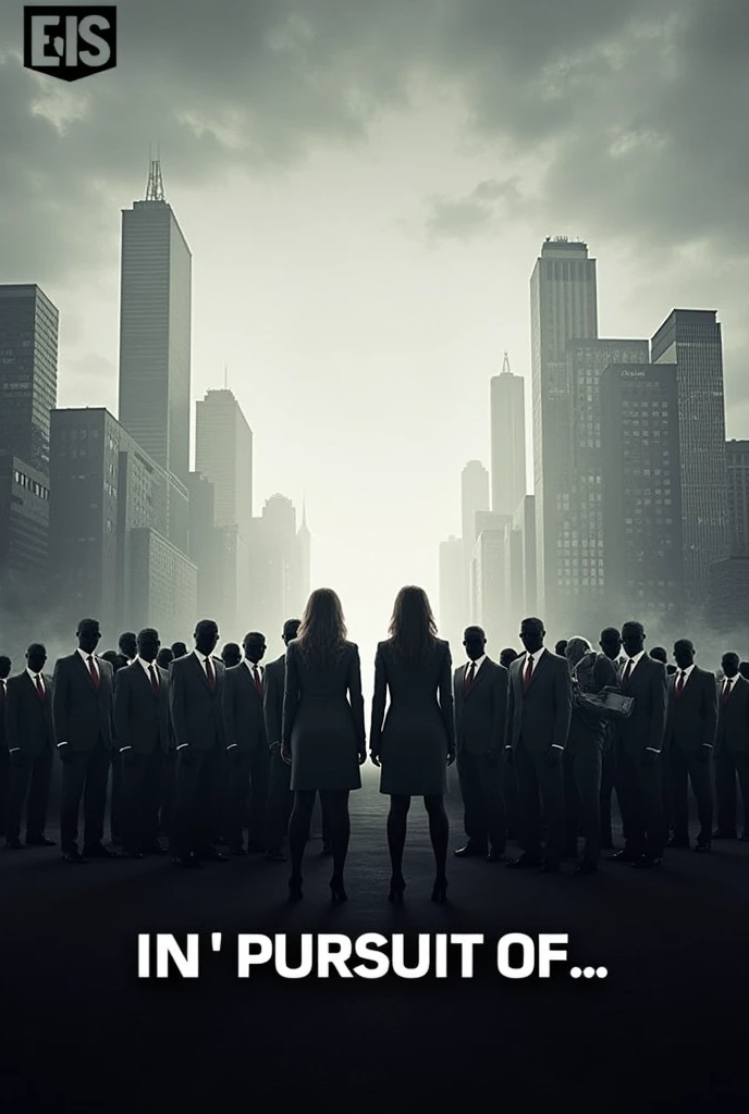 Generate a poster for a play named 'In Pursuit Of...' based on unemployment and have a very small mob on unemployed people without faces not in hoodie but in formals include 2 women
