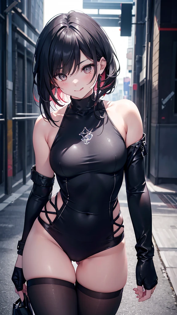 Serious teenage girls, Messy black hair, White eyes, Scar on one eye, Sunburned skin, Stylish black and white outfit, Attractive body, Dark and cold look, Detailed portrait, 8k, photograph (Highest quality) . ,4K,8k,High resolution,masterpiece:1.2),Very detailed,(Realistic,photoRealistic,photoRealistic:1.37),vividな色彩,Sharp focus,Physically Based Rendering,Very detailedな,Professional tongue out, whole body,Thin legs,Beautiful legs,blush, smile, tight fitting clothes that emphasize their bust,Small breasts,Ultra mini skirt,colorful,vivid
