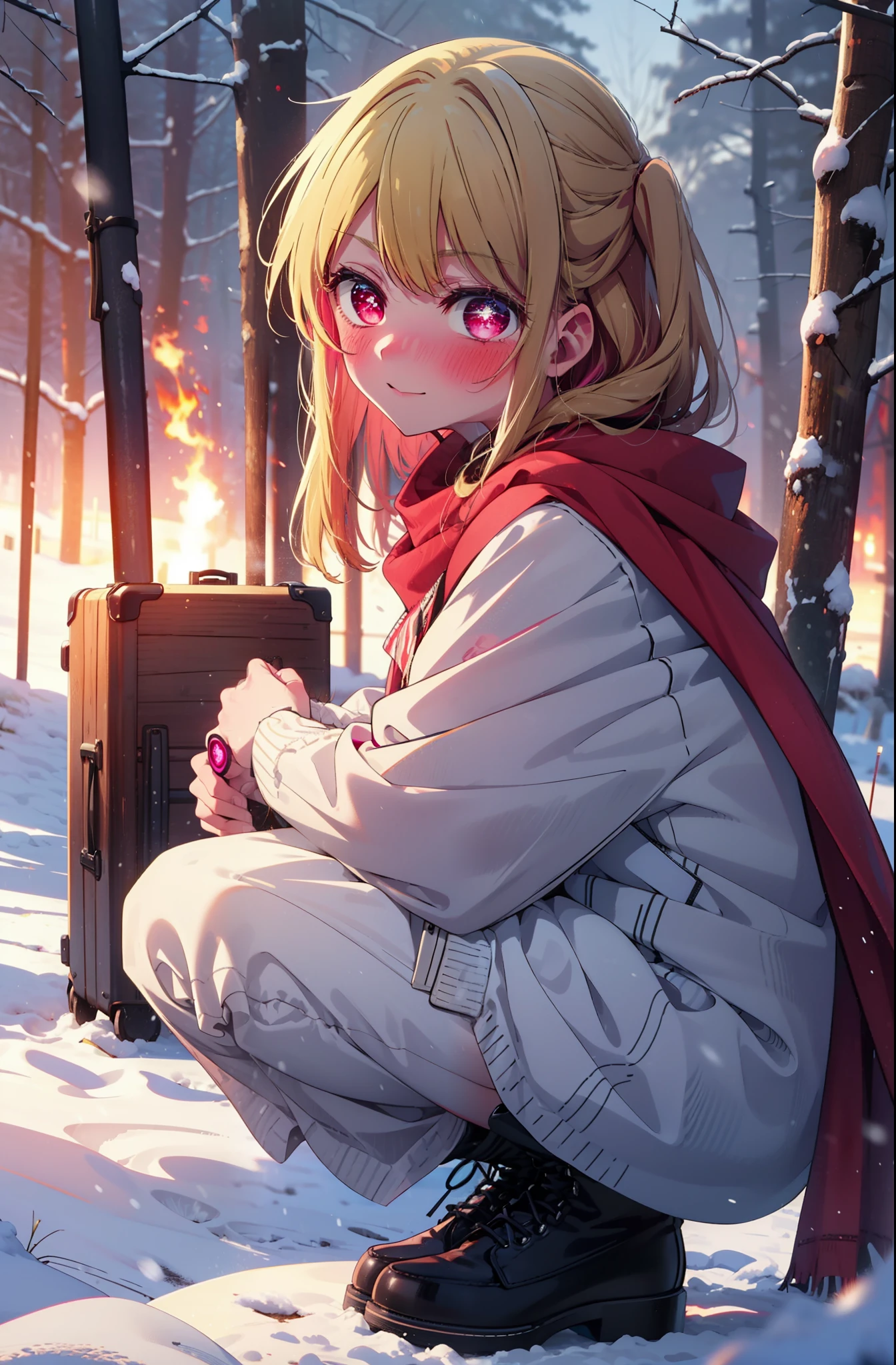 rubyhoshino, Hoshino Ruby, Long Hair, bangs, Blonde, (Pink Eyes:1.3), Side Lock, (Symbol-shaped pupil:1.5), Multicolored Hair, Two-tone hair, smile,,smile,blush,white breath,
Open your mouth,snow,Ground bonfire, Outdoor, boots, snowing, From the side, wood, suitcase, Cape, Blurred, , forest, White handbag, nature,  Squat, Mouth closed, Cape, winter, Written boundary depth, Black shoes, red Cape break looking at viewer, Upper Body, whole body, break Outdoor, forest, nature, break (masterpiece:1.2), Highest quality, High resolution, unity 8k wallpaper, (shape:0.8), (Beautiful and beautiful eyes:1.6), Highly detailed face, Perfect lighting, Highly detailed CG, (Perfect hands, Perfect Anatomy),