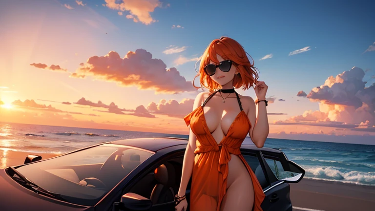 The theme is a scantily clad woman driving an open car along a seaside road.、Please draw a scene of the sun setting.。Woman wearing sunglasses、She is wearing a loose dress、The orange sea and sky spread out in the background.。