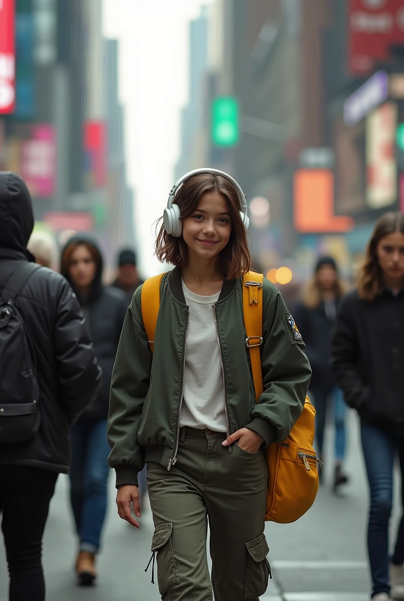 (photorealism:1.2), very beautiful young girl, shoulder haircut, wearing slimfit bomber jackets and cargo pants is walking at crowded people(man and women), white headphones and yellow backpack, perfect lighting shot on her, sweet litle smile, concerta, newyork city streets so many billboard and street mark, stop lights, cyberpunk(realism)