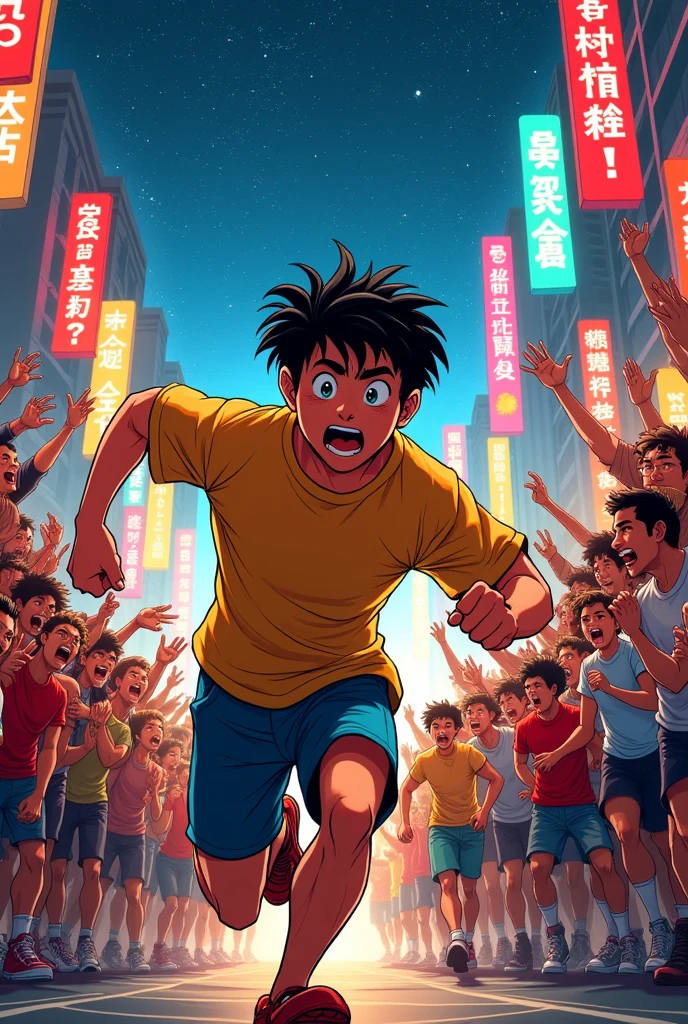 on a stage in the spotlight，A young Chinese man，Being chased by thousands，Comic Style