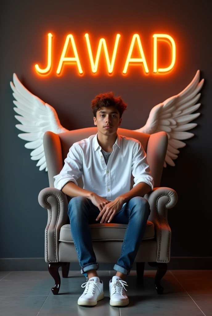 Create a 3D illusion for a profile picture where a 25 Year old cute boy in a white shirt Sitting casually on a Wingback chair. Wearing sneakers, he looks ahead. The background features "JAWAD" in big and capital Orange neon light fonts on the dark grey wall. There should not be his shadow, and there are wings to make it appear as if he is an angel
