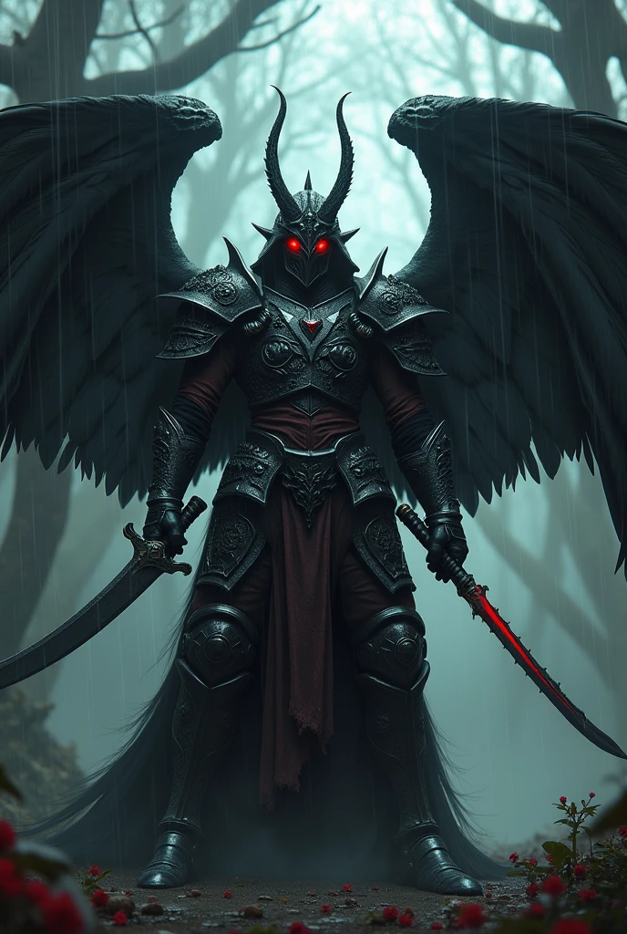 Create a detailed scene of a dark armored warrior in a fantasy setting. The warrior is clad in heavy, dark, and menacing armor with red accents and glowing red eyes. He has a large, spiked helmet and carries a katana in one hand and a dagger in the other. His armor is intricately designed with sharp edges and metallic details. The character has large, black, feathered wings extending from his back. The background features a misty, shadowy forest with tall, dark trees. The atmosphere should feel ominous, with rain lightly falling, and the ground reflecting the surroundings. The overall tone should be dark and intense, emphasizing the warrior's power and the eerie environment