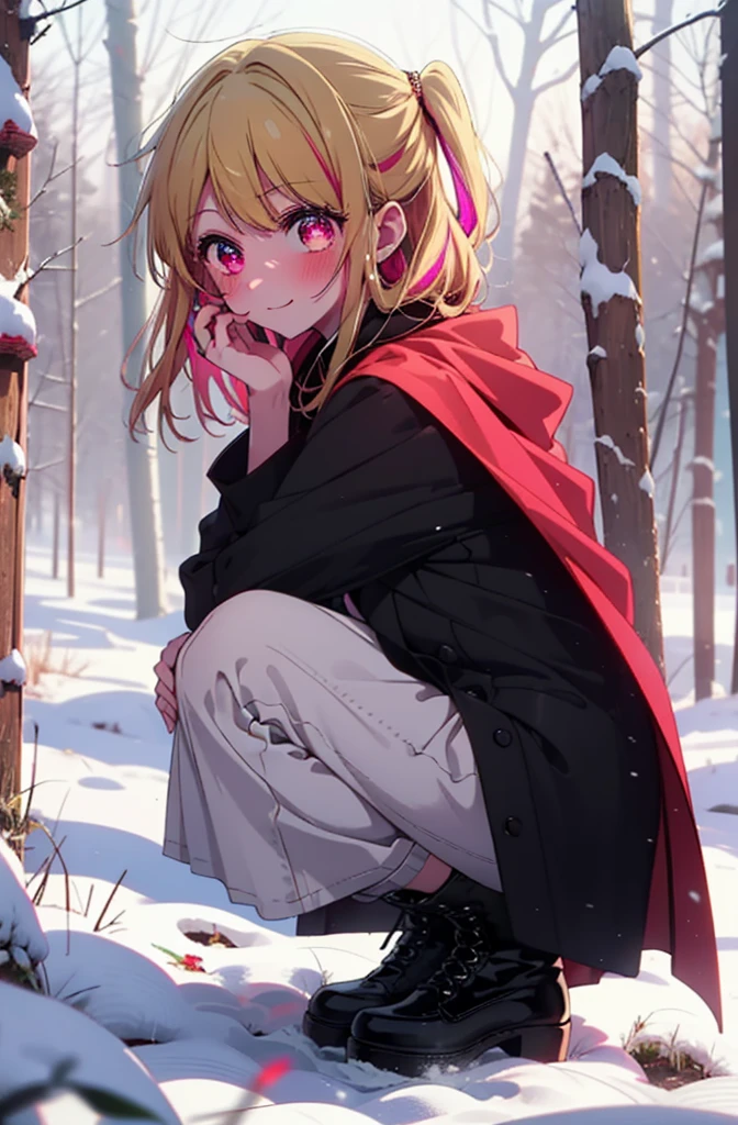 rubyhoshino, Hoshino Ruby, Long Hair, bangs, Blonde, (Pink Eyes:1.3), Side Lock, (Symbol-shaped pupil:1.5), Multicolored Hair, Two-tone hair, smile,,smile,blush,white breath,
Open your mouth,snow,Ground bonfire, Outdoor, boots, snowing, From the side, wood, suitcase, Cape, Blurred, , forest, White handbag, nature, Squat, Mouth closed, Cape, winter, Written boundary depth, Black shoes, red Cape break looking at viewer, Upper Body, whole body, break Outdoor, forest, nature, break (masterpiece:1.2), Highest quality, High resolution, unity 8k wallpaper, (shape:0.8), (Beautiful and beautiful eyes:1.6), Highly detailed face, Perfect lighting, Highly detailed CG, (Perfect hands, Perfect Anatomy),