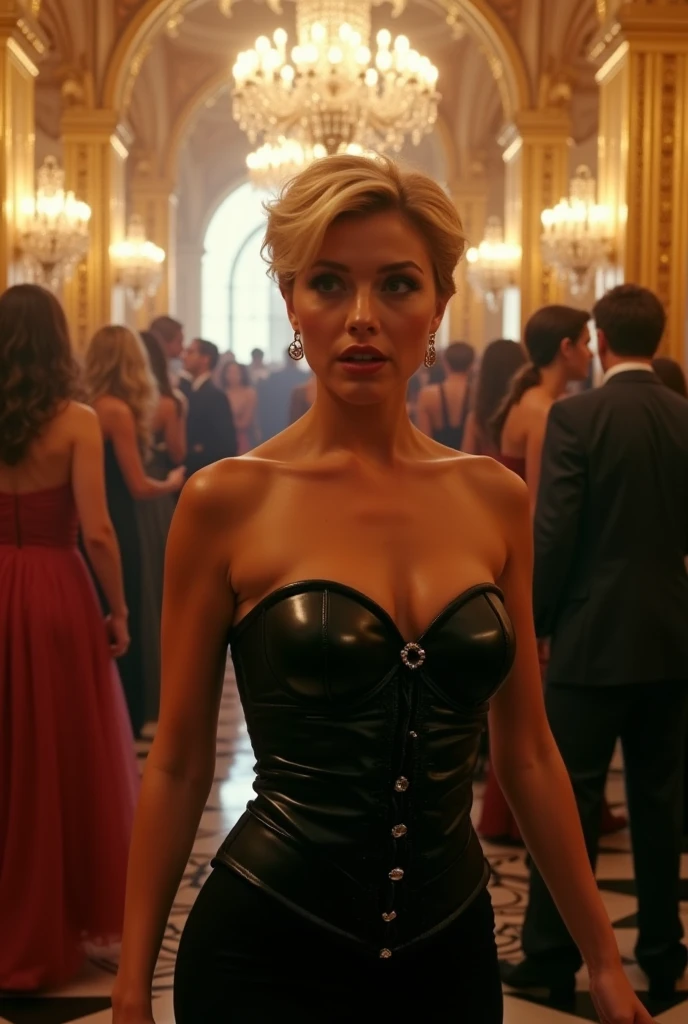 catwoman with a strapless black corset,  She accidentally arrives at a party, short blonde hair 
