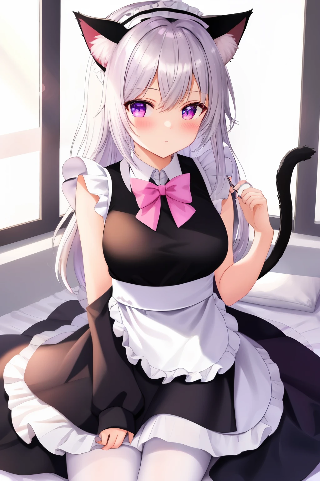 A catgirl, cat ears, Ash-white hair with a streak of pink highlights, Purple-blue eyes, petite, black sweater, pink bow tie,with edge trim, with Cotton Underlay, black pantyhose(bao arm socks), small leather shoes, lace.
Beautiful eyes, 8k wallpaper, highres, finely detailed light, highly detail hair,
colorful, light rays, caustics, lens flare, bokeh, pink eyes, blush,
score anime, score 9 up, masterpiece, charming, Exquisite eyes,Big Breasts,Cat ears,Cat tail,Black and white Maid costume,White over-the-knee,Maid costume