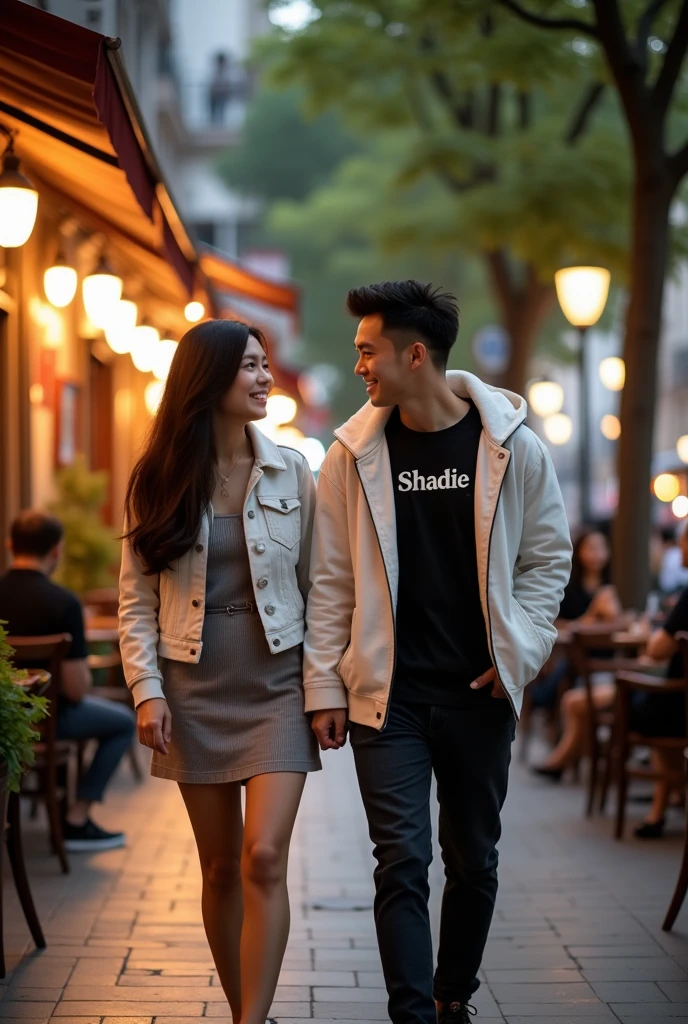 photography Realistis, Young Korean-faced Married Couple, Walking Together on the Sidewalk, Walking Intimately, Woman Leaning Clingingly and Smiling, long-haired woman wearing a Short dress and White Jeans Jacket, Short Undercut White-Haired Man, wearing a black shirt with the words "Shadie" and White Hoodie, Background of sidewalk and several Cafes along the road at night, Romantic vibes, Other People's Activities, Realistic, UDH