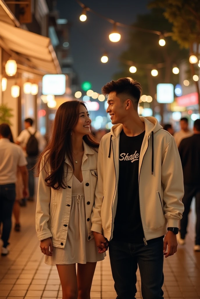 photography Realistis, Young Korean-faced Married Couple, Walking Together on the Sidewalk, Walking Intimately, Woman Leaning Clingingly and Smiling, long-haired woman wearing a Short dress and White Jeans Jacket, Short Undercut White-Haired Man, wearing a black shirt with the words "Shadie" and White Hoodie, Background of sidewalk and several Cafes along the road at night, Romantic vibes, Other People's Activities, Realistic, UDH 