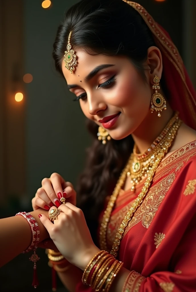 a beautiful Indian woman tying a colorful Rakhi thread on her brother's wrist,detailed portrait,stunning detailed face,intricate jewelry,gorgeous sari,warm lighting,vibrant colors,photorealistic,8k,masterpiece,highly detailed,cinematic,dramatic lighting,atmospheric,moody,emotional,cultural celebration,Indian festival Rakshabandhan