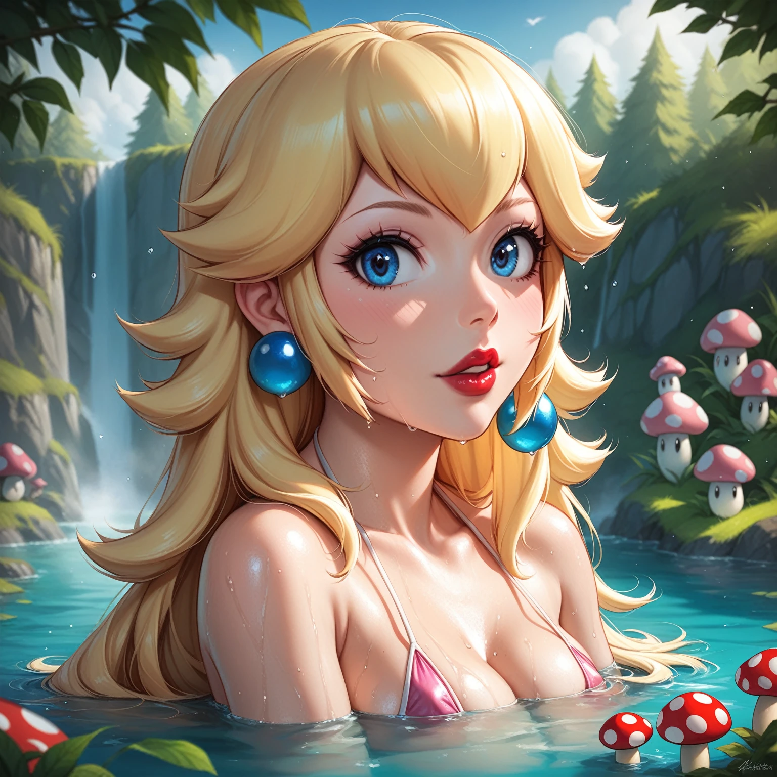 Princess Peach from Super Mario Bros movie, bathing in a lake wearing a pink micro bikini, surrounded by a forest of mushrooms. long wet hair, big eyes, blue eyes, red lips. detailed face, detailed body, sexy body, side focus, seductive body, sensual pose. 8k details. Back to back, flirtatious look, flirting.