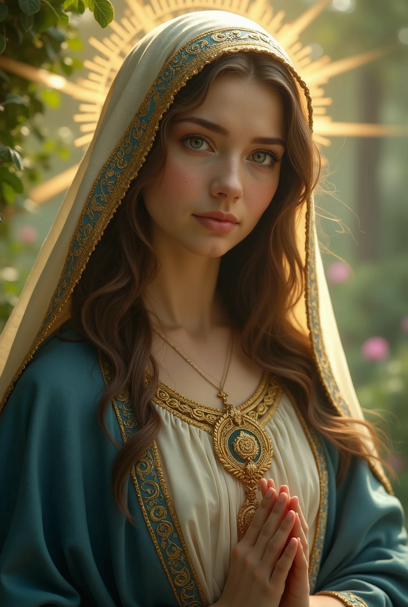 Very beautiful Virgin Mary, looking at the camera,