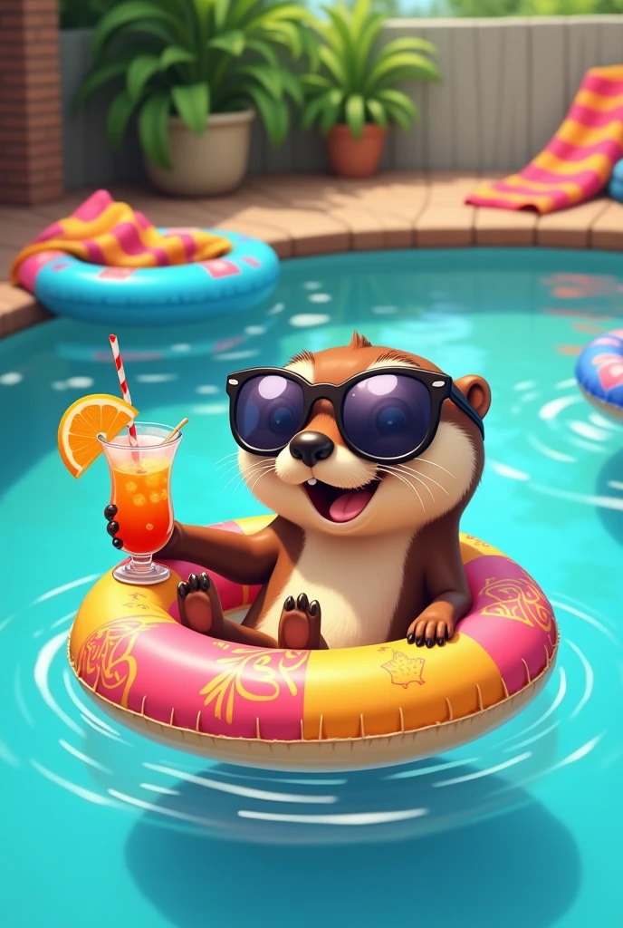 Cute otter,in Swimmingpool with swimming tires, Cocktail,cartoon, sunglasses 