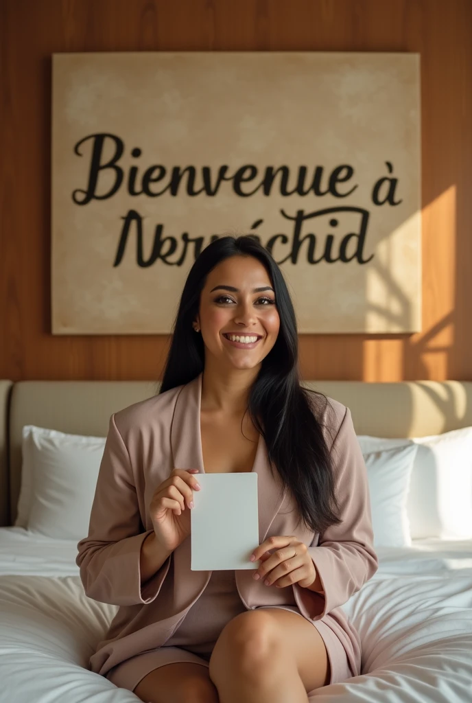 Une femme brune. Les cheveux raides, écartés ou un peu écartés du cou, pas longs, de couleurs noirs. Une femme un peu volumineuse par sa forme physique. Assise dans une grande chambre d'hôtel, sur un lit de l'hôtel, souriante, la tête droite, le regard droit fixé vers l'avant, portant dans ses mains une grande photo qu'elle montre bien vers l'avant de sorte que la photo qu'elle montre soit un peu décollée de sa poitrine et derrière elle, accroché sur le mur, un tableau avec 2 écritures sur le tableau. L'une qui dit en arabe : Bienvenue à Berrechid et la deuxième en langue française qui dit : Bienvenue à Berrechid.