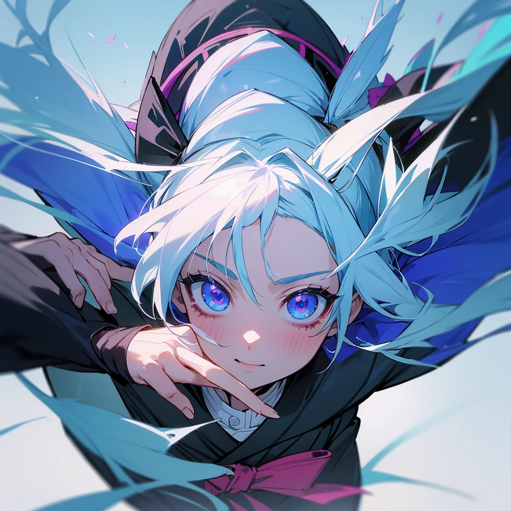 make me look like a Demon Slayer anime character (Kimetsu no Yaiba), blue and white hair with ice breath
