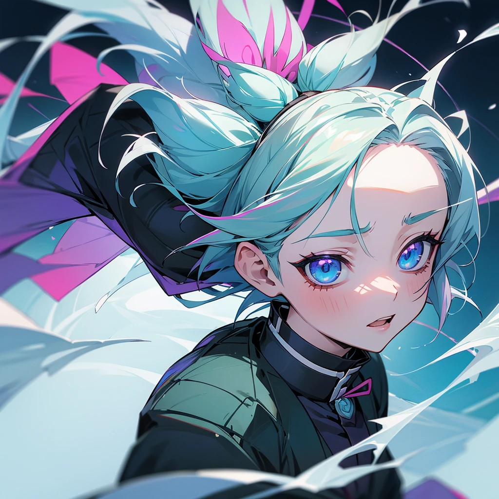 make me look like a Demon Slayer anime character (Kimetsu no Yaiba), blue and white hair with ice breath