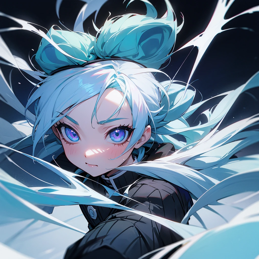 make me look like a Demon Slayer anime character (Kimetsu no Yaiba), blue and white hair with ice breath