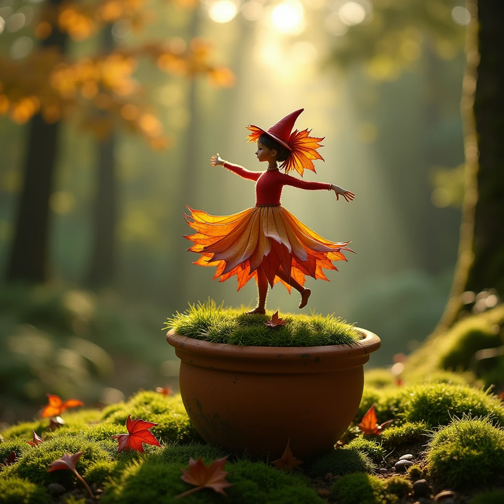a whimsical miniature figure composed of delicately arranged autumn leaves, poised in carefree dance on the rim of a weathered, moss-covered terracotta pot, set against a lush vibrant forest backdrop, where dappled sunlight filters through the canopy above , casting intricate shadows. the overall aesthetic is ethereal, with warm, earthy tones of sienna, umber, and olive green, infused with hints of emerald and golden light, evoking a sense of wonder and enchantment, as if plucked from a fantastical realm a human like figure rinade of leaves dancing on a pot, forest rain background