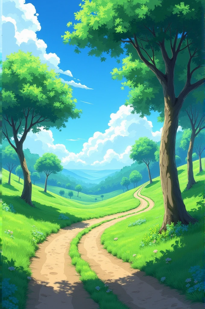 Anime grassland with a mud road and trees.no vehicles