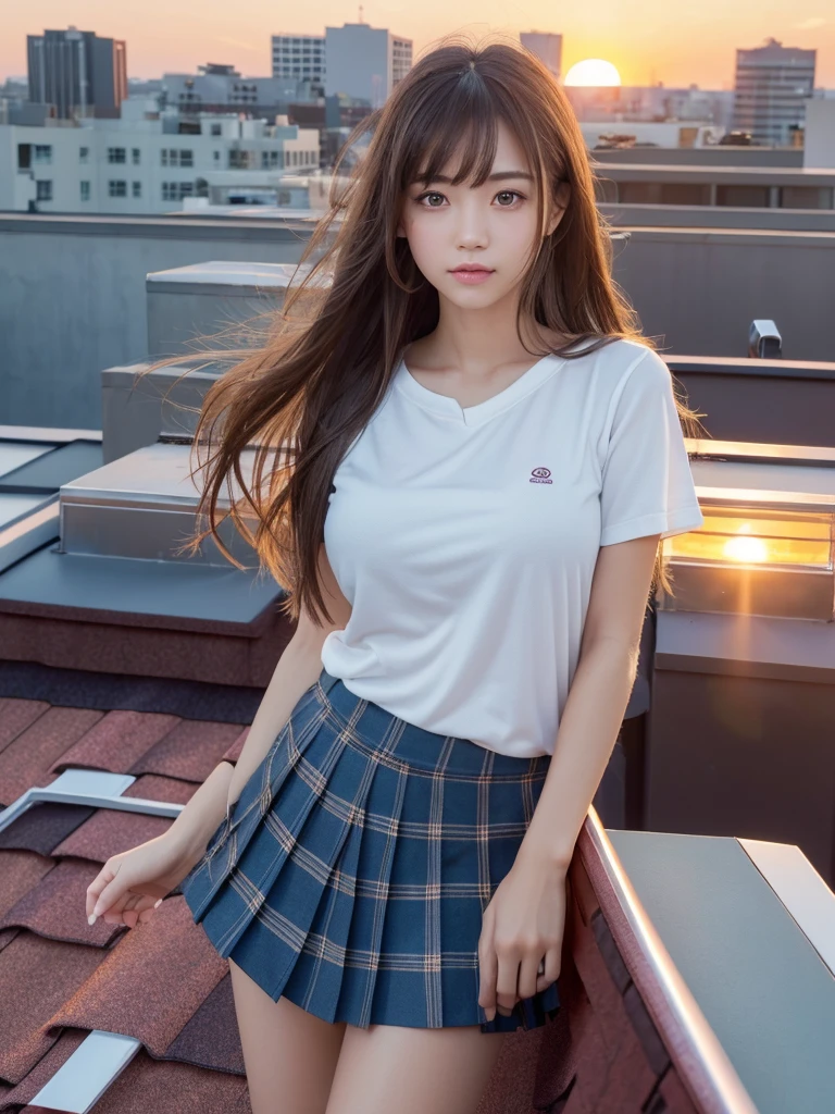 masterpiece,Highest quality,1 girl,Cowboy Shot,Front view,Young and cute Japanese,A small smile,lunch break,((rooftop,beautiful sunset,The wind blows her long hair:1.5)),Schoolgirl uniform,Summer clothes,wear,wear a super super short blue plaid pleated micro mini skirt,No underwear,Very cute face,Glossy Lips,Big eyes,Brown eyes,Double eyelids on both eyes,(Natural Makeup),Shiny, smooth, long light brown hair,Asymmetrical bangs,Center image,8k resolution,Attention to detail,Detailed hairstyle,Detailed face,Cinema Lighting,Octane Rendering,Ultra-realistic,Perfect limbs,Beautiful legs,Voluptuous thighs,Huge breasts,(Glowing Skin,Sweaty:1.3)Perfect ???????,((Natural relaxed pose:1.3))