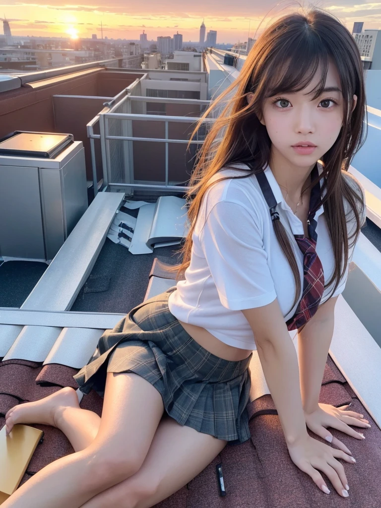 masterpiece,Highest quality,1 girl,Cowboy Shot,Front view,Young and cute Japanese,A small smile,lunch break,((rooftop,beautiful sunset,The wind blows her long hair:1.5)),Schoolgirl uniform,Summer clothes,wear,wear a super super short blue plaid pleated micro mini skirt,No underwear,Very cute face,Glossy Lips,Big eyes,Brown eyes,Double eyelids on both eyes,(Natural Makeup),Shiny, smooth, long light brown hair,Asymmetrical bangs,Center image,8k resolution,Attention to detail,Detailed hairstyle,Detailed face,Cinema Lighting,Octane Rendering,Ultra-realistic,Perfect limbs,Beautiful legs,Voluptuous thighs,Huge breasts,(Glowing Skin,Sweaty:1.3)Perfect Anatomy,((Natural relaxed pose:1.3))