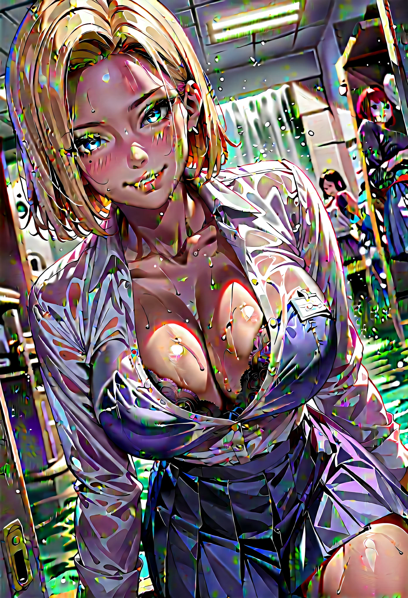perfection、Extremely detailed depiction、Professional illustrations、Cinema Lighting、Light and shadow、Detailed face、Detailed eyes、Android 18、Android18、blonde、short hair、blue eyes、Big Breasts、Large Breasts、High School Uniform、Grey jacket、White blouse、mini skirt、locker room、Lean forward slightly、Best Angle、Sweaty、Changing clothes、bra、shame、small、Moisturized eyes、smile、Sweat like a waterfall、hot