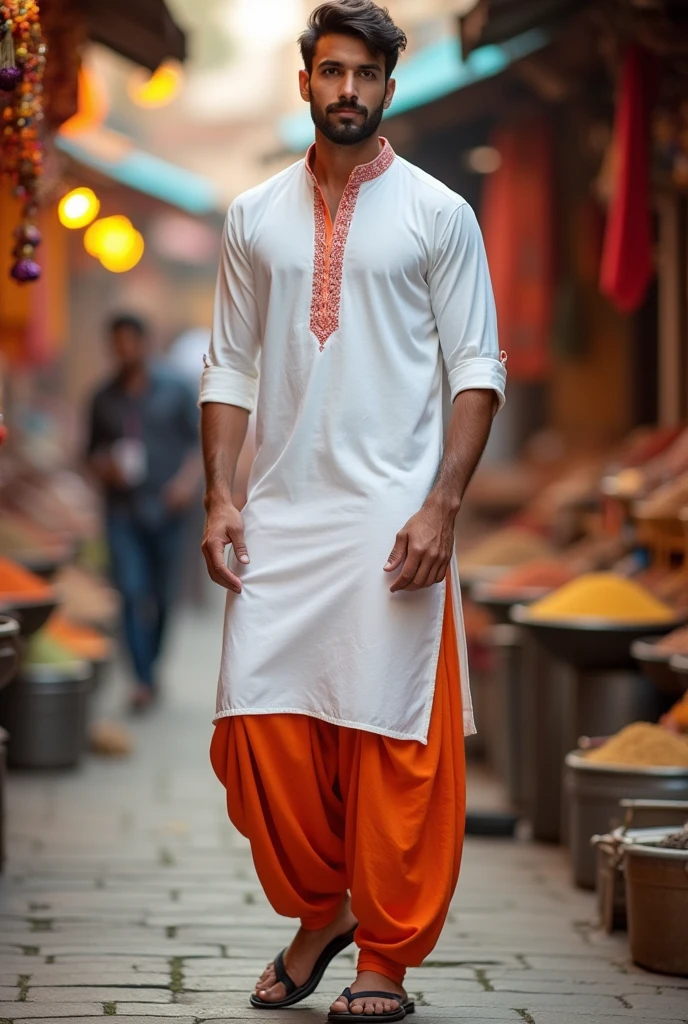Make the photo such that a man is wearing a white colored half n short kurta and an orange lungi underneath.