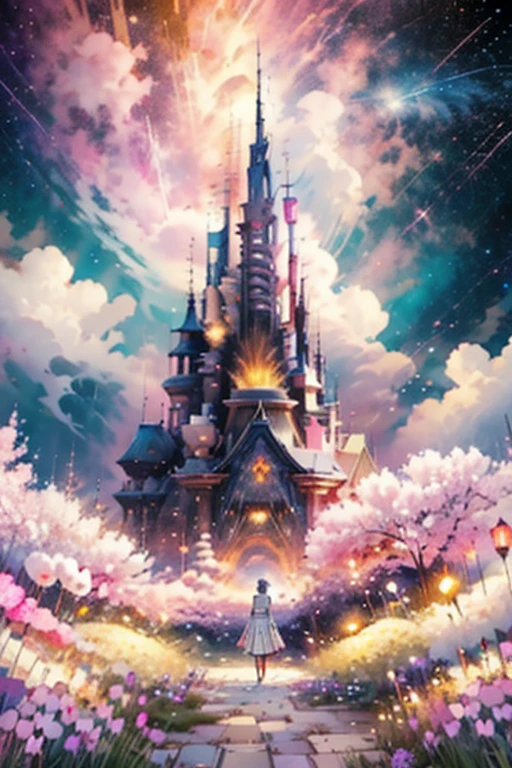 masterpiece, concept art, panorama, in the center, figure, wide shot, flower garden, night, (Meteors), Space galaxy background, (magnificent composition, epic proportions), dynamic lighting, Bright colors, cherry blossoms,