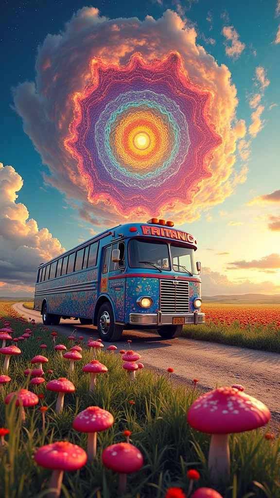 An ultra-realistic and highly detailed image of a large tour bus with the name "FRITANIC" written on the side in playful letters. The bus features a psychedelic and cheerful paint job. The environment exudes positive energy. The bus is traveling on a country road early in the morning, passing through fields filled with flowers and hallucinogenic mushrooms. The sky displays a massive Hindu mandala in an alucinogenic sky. The colors are vibrant. The scene is captured with a Fujifilm X-T4 paired with a 16-55mm f/2.8 R LM WR lens, ensuring stunning clarity and rich details. The lighting is bright and colorful, highlighting the vibrant colors of the bus and the surrounding landscape. The aspect ratio is 9:16, emphasizing the vertical composition 