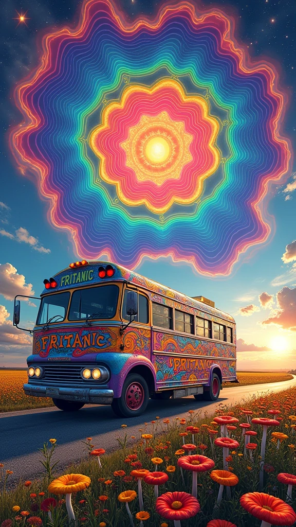An ultra-realistic and highly detailed image of a large tour bus with the name "FRITANIC" written on the side in playful letters. The bus features a psychedelic and cheerful paint job. The environment exudes positive energy. The bus is traveling on a country road early in the morning, passing through fields filled with flowers and hallucinogenic mushrooms. The sky displays a massive Hindu mandala in an alucinogenic sky. The colors are vibrant. The scene is captured with a Fujifilm X-T4 paired with a 16-55mm f/2.8 R LM WR lens, ensuring stunning clarity and rich details. The lighting is bright and colorful, highlighting the vibrant colors of the bus and the surrounding landscape. The aspect ratio is 9:16, emphasizing the vertical composition