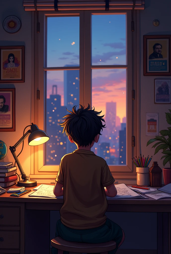 Raghav Creating His Plan: A boy working at a desk with papers and plans
