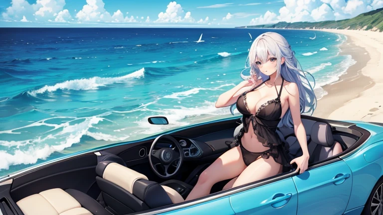 Please draw an illustration of a scantily clad woman driving an open-top car along a road by the sea.。The woman is relaxing with her hair blowing in the wind.、The blue sea and clear sky are in the background.。