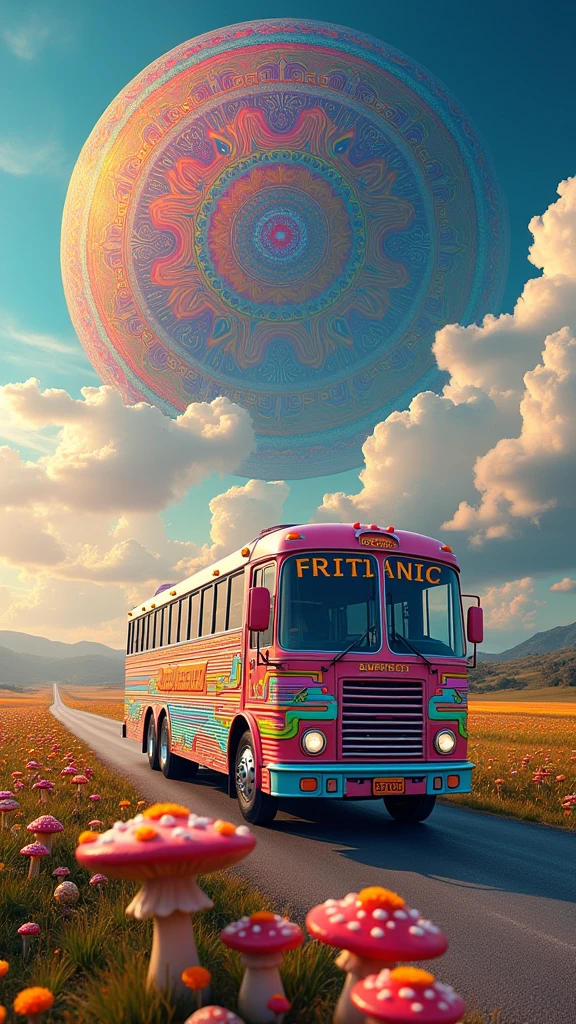 An ultra-realistic and highly detailed image of a large tour bus with the name "FRITANIC" written on the side in playful letters. The bus features a psychedelic and cheerful paint job. The environment exudes positive energy. The bus is traveling on a country road early in the morning, passing through fields filled with flowers and hallucinogenic mushrooms. The sky displays a massive Hindu mandala in an alucinogenic sky. The colors are vibrant. The scene is captured with a Fujifilm X-T4 paired with a 16-55mm f/2.8 R LM WR lens, ensuring stunning clarity and rich details. The lighting is bright and colorful, highlighting the vibrant colors of the bus and the surrounding landscape. The aspect ratio is 9:16, emphasizing the vertical composition 