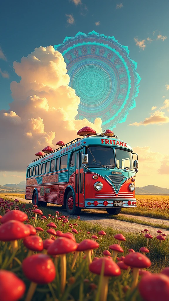 An ultra-realistic and highly detailed image of a large tour bus with the name "FRITANIC" written on the side in playful letters. The bus features a psychedelic and cheerful paint job. The environment exudes positive energy. The bus is traveling on a country road early in the morning, passing through fields filled with flowers and hallucinogenic mushrooms. The sky displays a massive Hindu mandala in an alucinogenic sky. The colors are vibrant. The scene is captured with a Fujifilm X-T4 paired with a 16-55mm f/2.8 R LM WR lens, ensuring stunning clarity and rich details. The lighting is bright and colorful, highlighting the vibrant colors of the bus and the surrounding landscape. The aspect ratio is 9:16, emphasizing the vertical composition