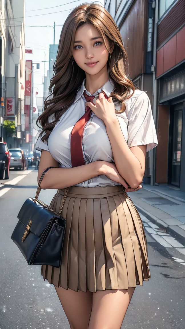 ((Highest quality,4K,High resolution,masterpiece:1.2)),((Character Concept Art)), 1 female, 20-year-old women, ((weat-length brown hair、Hair curled loosely inwards)), (Skin as white as snow), Very detailed eyes (Brown Eye Color), have confidence, beautiful, slim body build, Big Breasts、((Intricate details)), Very finely crafted needles, Very finely crafted fingers(((10 fingers))), ((japanese high school girl uniform_plain shirt_mini pleated skirt_brown coloured tie:1.3)), (Full-body showcase), (Show whole body),((In the hustle and bustle of the city:1.5))、((Standing with grace、left Hand on her breast:1.5))、((very shy smile:1.5))((withshoulder bag:1.2))