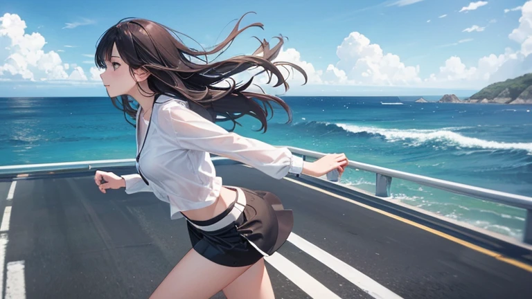 A lightly dressed woman rides in an open car、Please draw an illustration of someone running along a road by the sea.。The woman's expression is cheerful、In the background you can see the white sand beach and the crashing waves of the ocean.。Expresses a scene that captures a refreshing summer moment.。