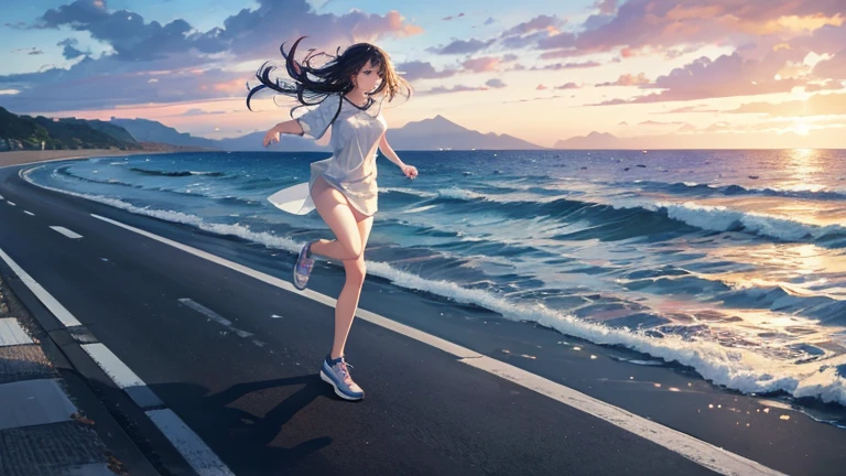 A lightly dressed woman rides in an open car、Please draw an illustration of someone running along a road by the sea.。The woman's expression is cheerful、In the background you can see the white sand beach and the crashing waves of the ocean.。Expresses a scene that captures a refreshing summer moment.。