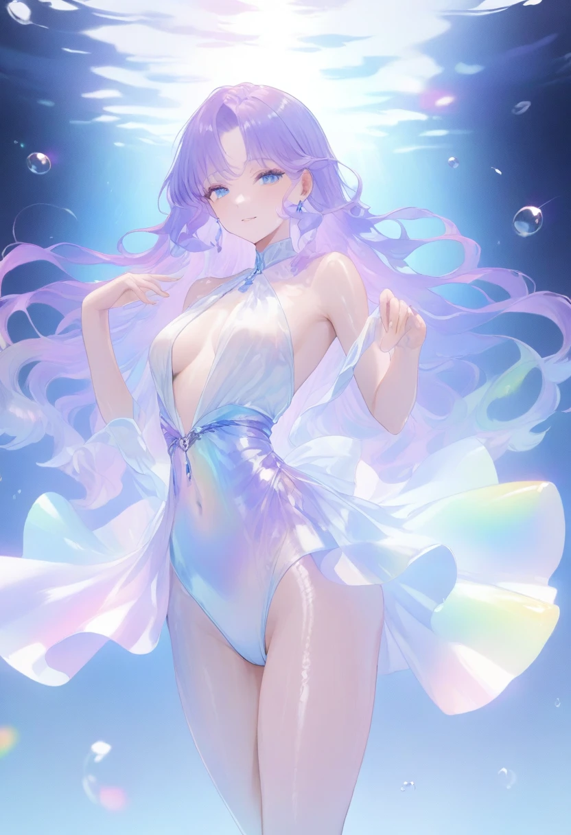 (Super detailed, 8K, best quality, ultra detailed, masterpiece), underwater, bubble, Paleblue-blue gradient coloed water, nice, bright, Light shines through the water, Beautiful and mysterious teenage girl with a sweet smile, She is holding her thighs and pointing one toe up, drifting of underwater, The girl is tall and medium bust,sparkling dark blue eyes, Her long rainbow-colored hime-cut hair is flowing, shiny glossy iridescent clothes, shiny reflective clothes, pastel, lens Flare, soft gradient　