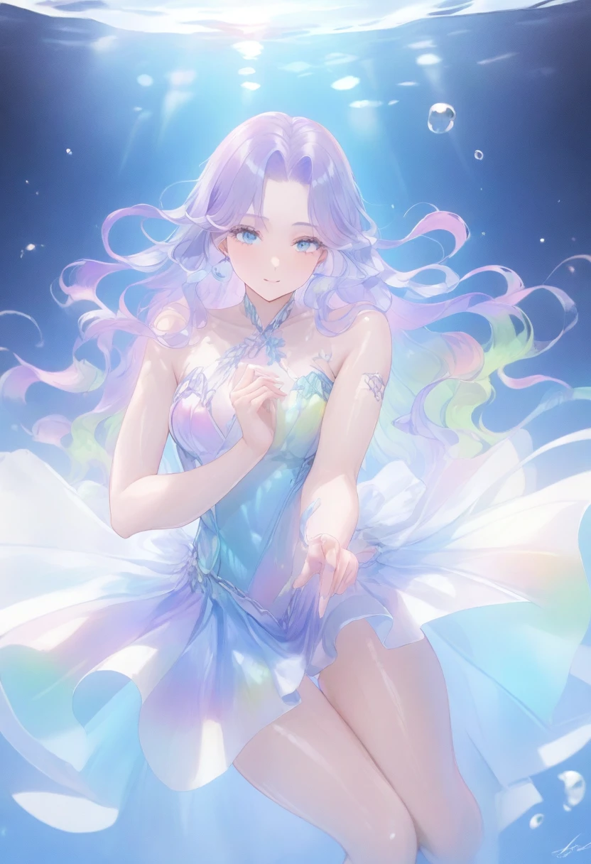 (Super detailed, 8K, best quality, ultra detailed, masterpiece), underwater, bubble, Paleblue-blue gradient coloed water, nice, bright, Light shines through the water, Beautiful and mysterious teenage girl with a sweet smile, She is holding her thighs and pointing one toe up, drifting of underwater, The girl is tall and medium bust,sparkling dark blue eyes, Her long rainbow-colored hime-cut hair is flowing, shiny glossy iridescent clothes, shiny reflective clothes, pastel, lens Flare, soft gradient　