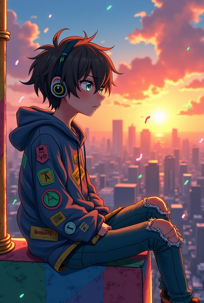 A anime boy listening music
