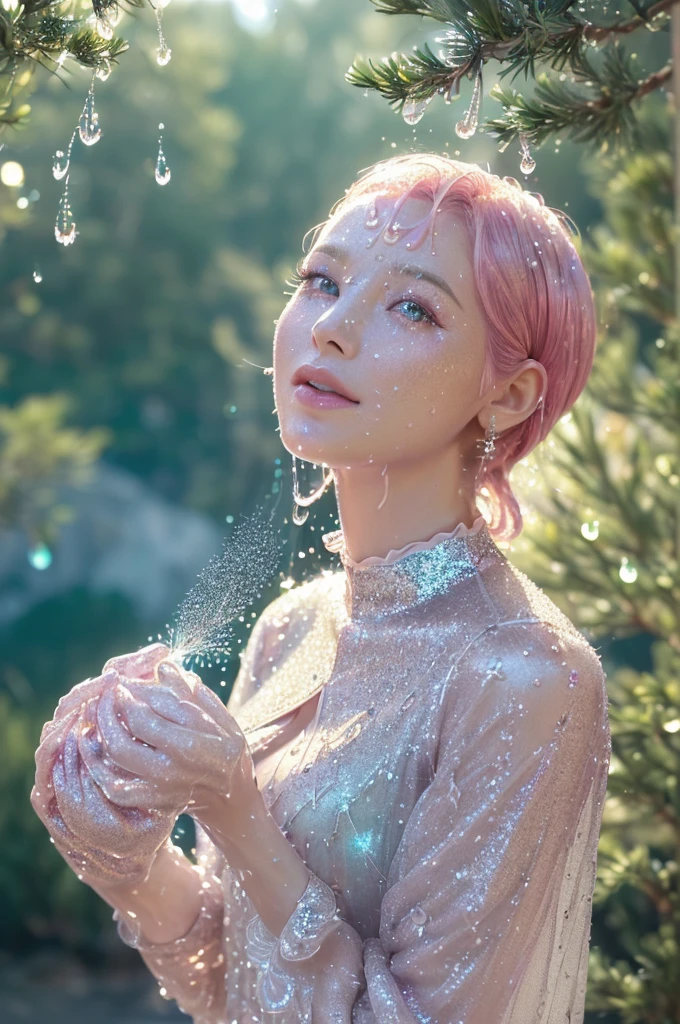 A beautiful pale-skinned woman with vibrant pink hair, 40 years old, ((semi-long), (((Upper body portrait, Happy)), nature, beautiful flower々, (((Delicate light streaming in)), ((Late Afternoon)), ((Clothes with delicate details), Pine trees at the foot of the mountain, Cool clothes, Realistic lighting, Realistic Shadows, Ultra-realistic, Realistic, 8k, Full HD　High Contrast　Photon Mapping　Water Drop　Diamond particles　Glitter　lame　Uplifting　Like popping out