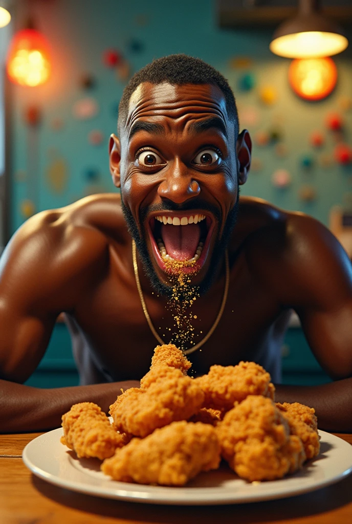Create an image of a black man eating a fried chicken and his eyes almost popping out while eating and he is crazy, shirtless and skinny