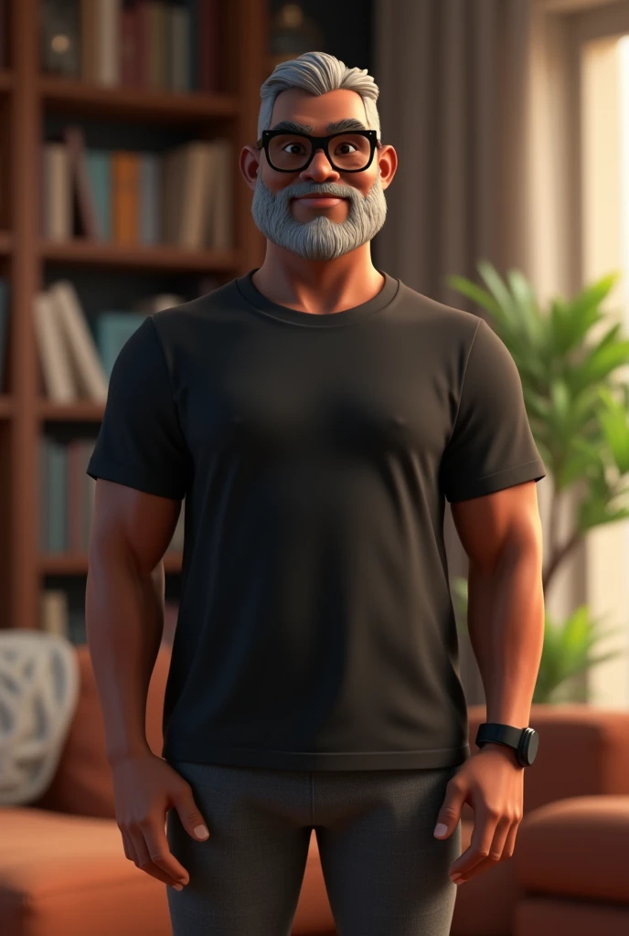 Create a stylized 3D cartoon character of a middle-aged black man. The character should be rendered in a Pixar-like style using Arnold Maya or toon Keyshot render. The rendering must be of high quality, featuring cinematic lighting, sharp focus, detailed textures, detailed skin, a clay-like finish, and bokeh effects, all in 8K resolution.

The character has a broad build but without a belly or muscular physique. He wears modern black reading glasses and has a friendly expression, but without a smile. His skin tone is dark brown with a warm undertone. The man has two prominent vertical wrinkles on his forehead between his eyebrows.

His beard is trimmed and sparse, with more white hairs on the chin and the rest being dark gray. His hair is gray, extremely short on top, styled to the right, and shaved on the sides. The man has hairy arms and does not wear any accessories or jewelry except for a black smartwatch. He is dressed in an oversized black t-shirt and dark gray pants without a belt. The man is looking directly at the camera, without being cross-eyed, and without smiling.