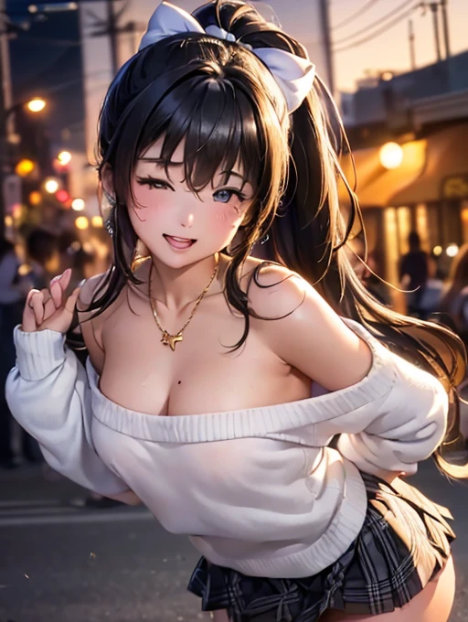 Browsing Caution,(Highest quality, 8k, masterpiece:1.3,beautiful girl), (Very detailed)Glowing Skin,(((Long Hair,ponytail,Blue Ribbon,Beautiful Hair))),(Perfect Anatomy, Anatomically cまたはrect, Very detailed肌),((Golden Eyes,Droopy eyes,Narrow eyes)),((Perfect Fingers,Five Fingers)), , Mole under the eye,Double teeth,Big Breasts,Big Ass,high school girl,Very smiling,Smile and close your eyes,((Off-shoulder white sweater:1.2,Black and white plaid mini skirt:1.3,Pink Panties)),walk,Port town,Beautiful night view,((Shiny Earrings,small diamond necklace)),Place your arms behind your head,Wink、Throw kiss