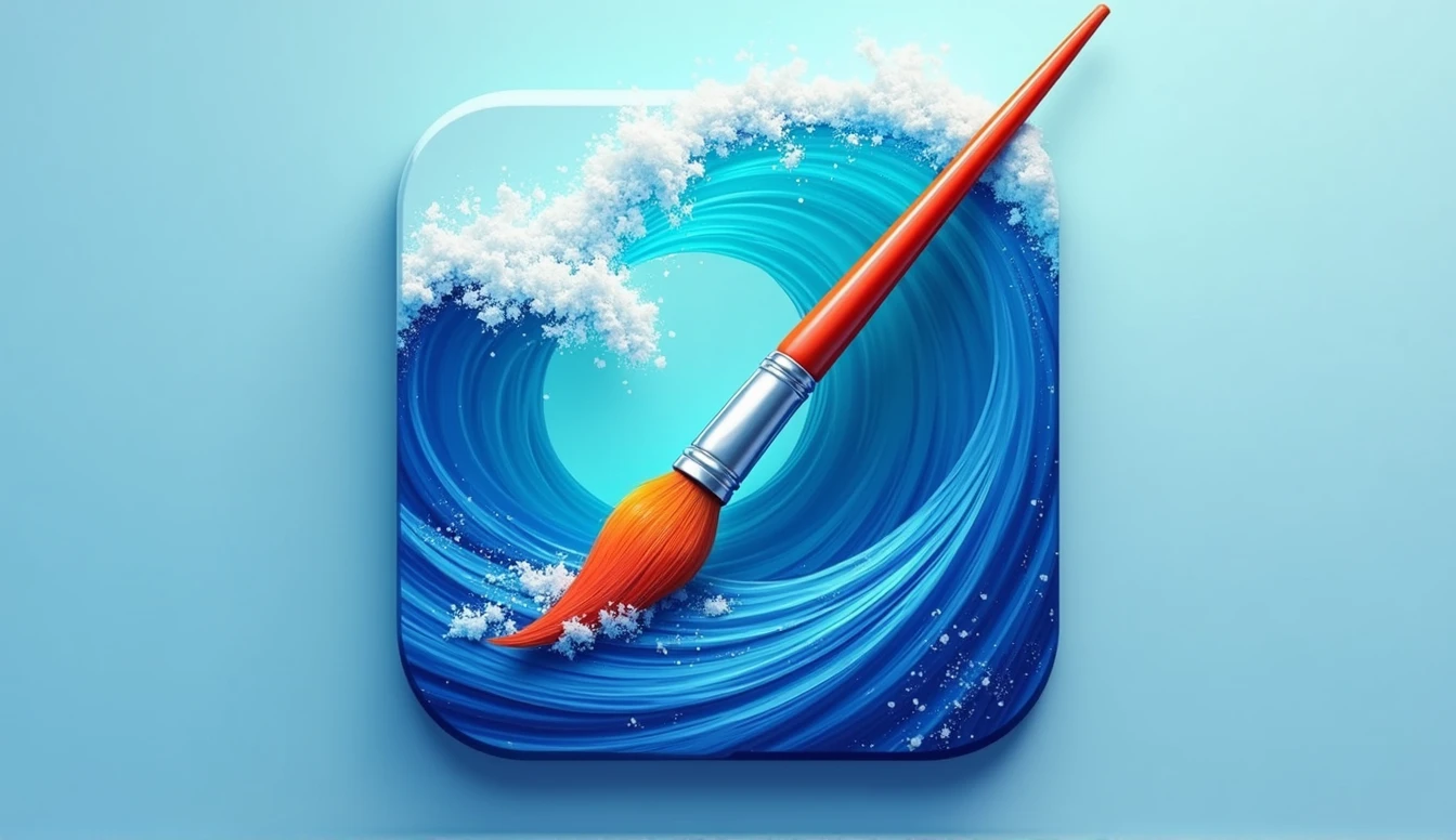 Design an app icon,Design style reference midjourney,The overall picture is a combination of waves and a paintbrush