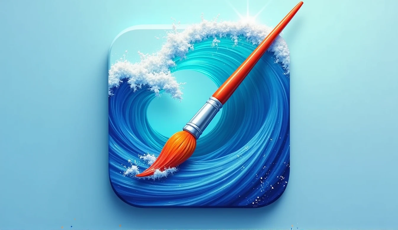 Design an app icon，Design style reference midjourney，The overall picture is a combination of waves and a paintbrush